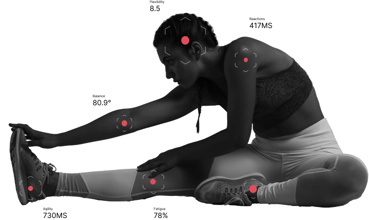 A female athelete stretching while her sporting metrics are being measured